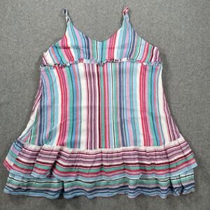 Umgee Striped Tunic Tank Top Size Large Ruffle V-Neck Pink Blue Spaghetti Strap